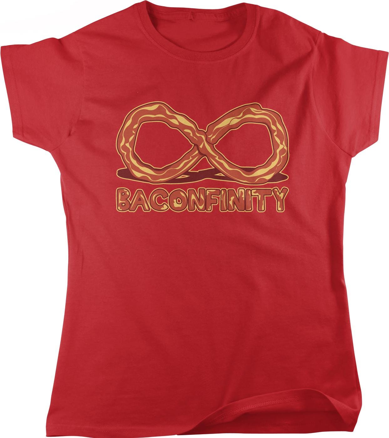 A red t-shirt with a graphic design depicting a bacon-wrapped pretzel and the text "BACONFINITY" below it.