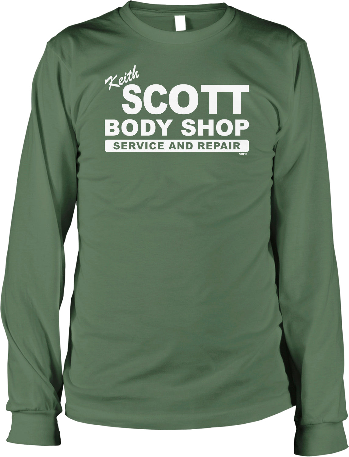 A green long-sleeved t-shirt with white text that reads " Keith Scott Body Shop SERVICE AND REPAIR".