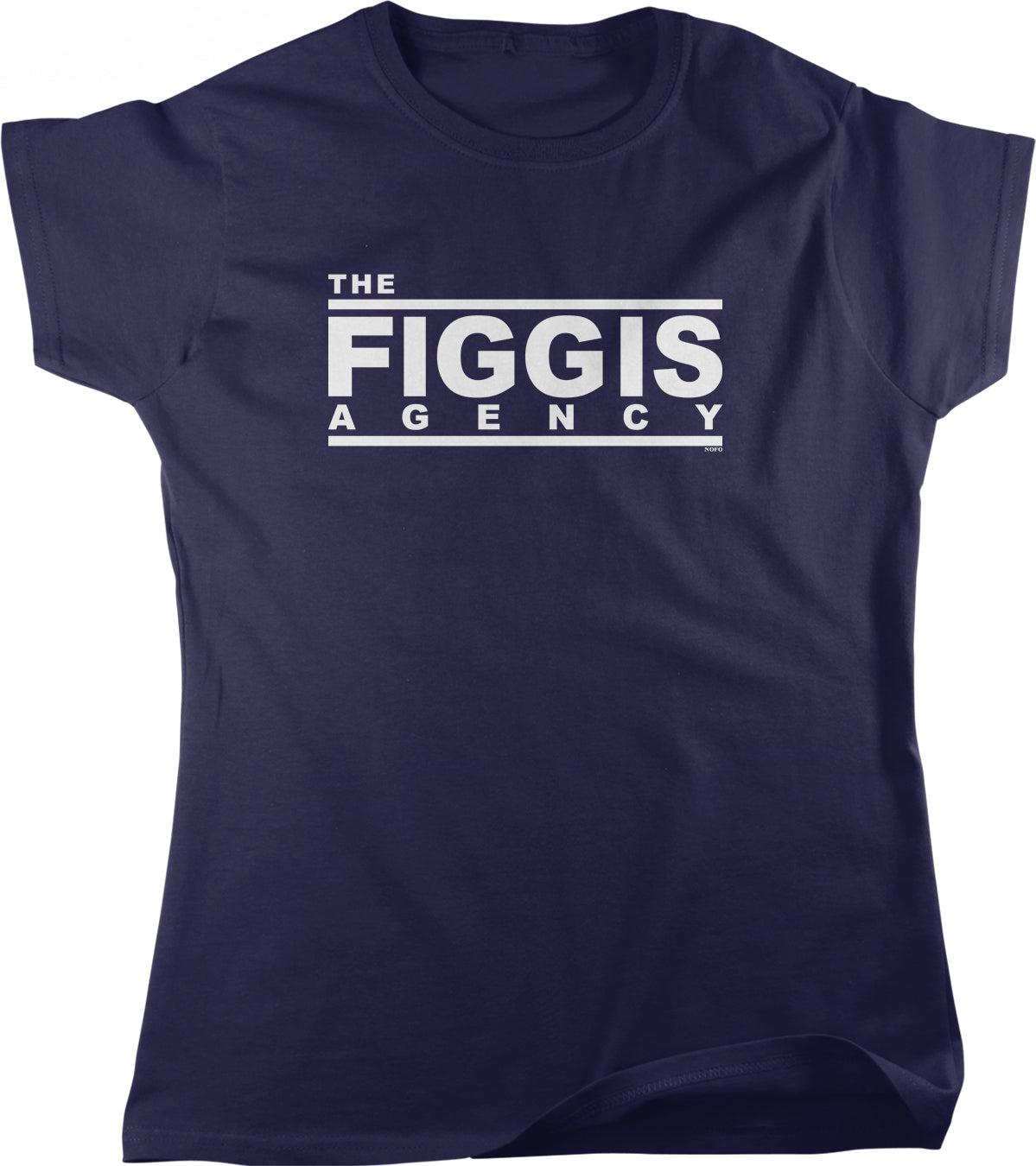 The image is a navy blue t-shirt with the text "THE FIGGIS AGENCY" printed on it in white.