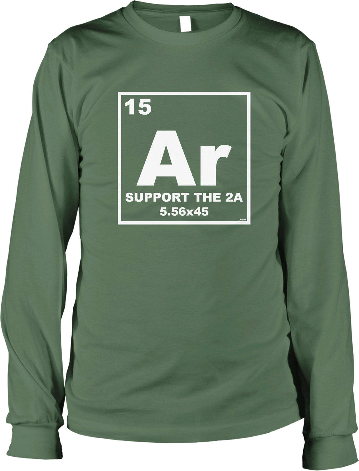 A green long-sleeved t-shirt with a white graphic design featuring the periodic table element Ar and text that reads "Support the 2A 5.56x45".