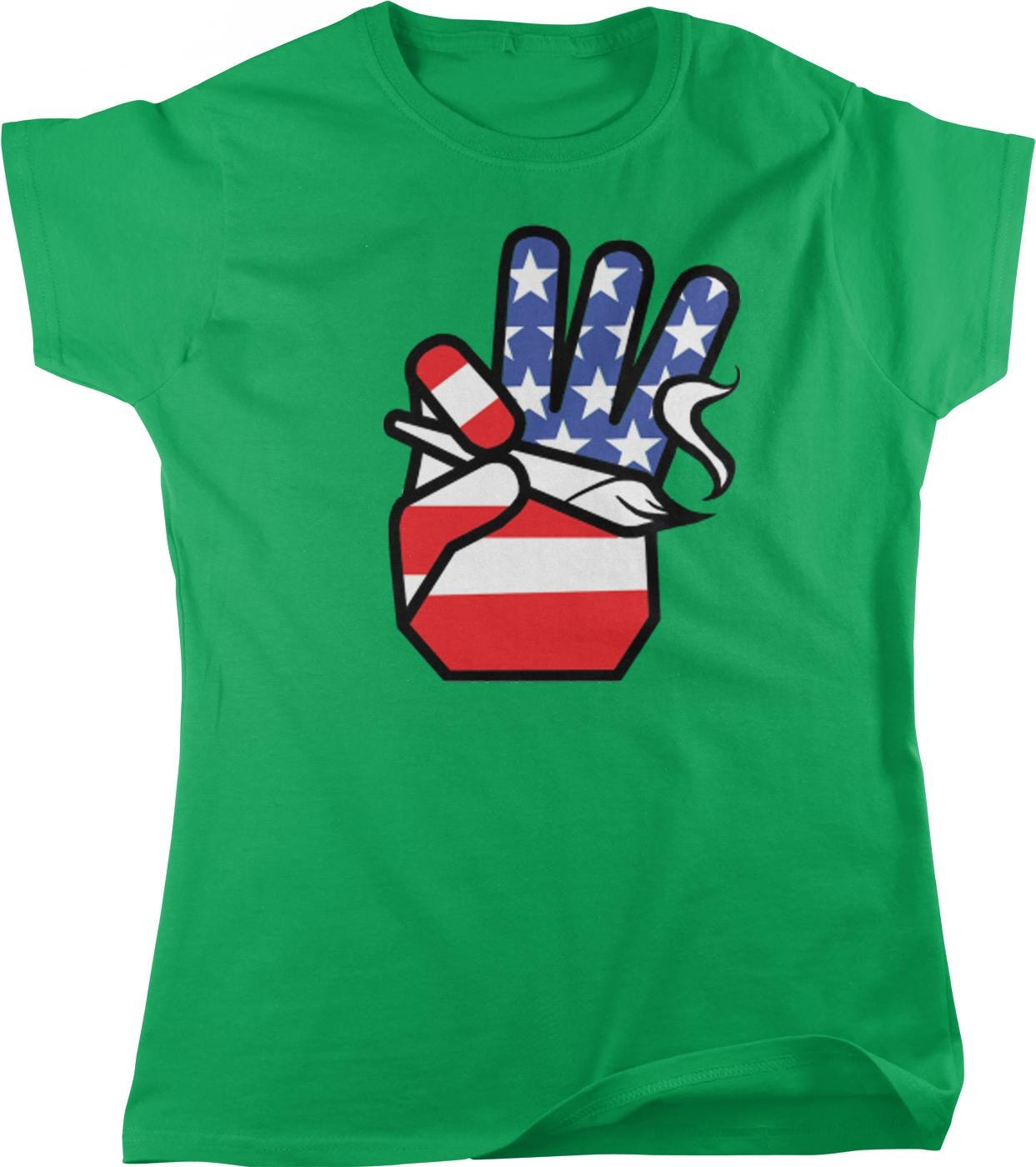 A green t-shirt with a graphic design depicting a peace sign with an American flag motif.