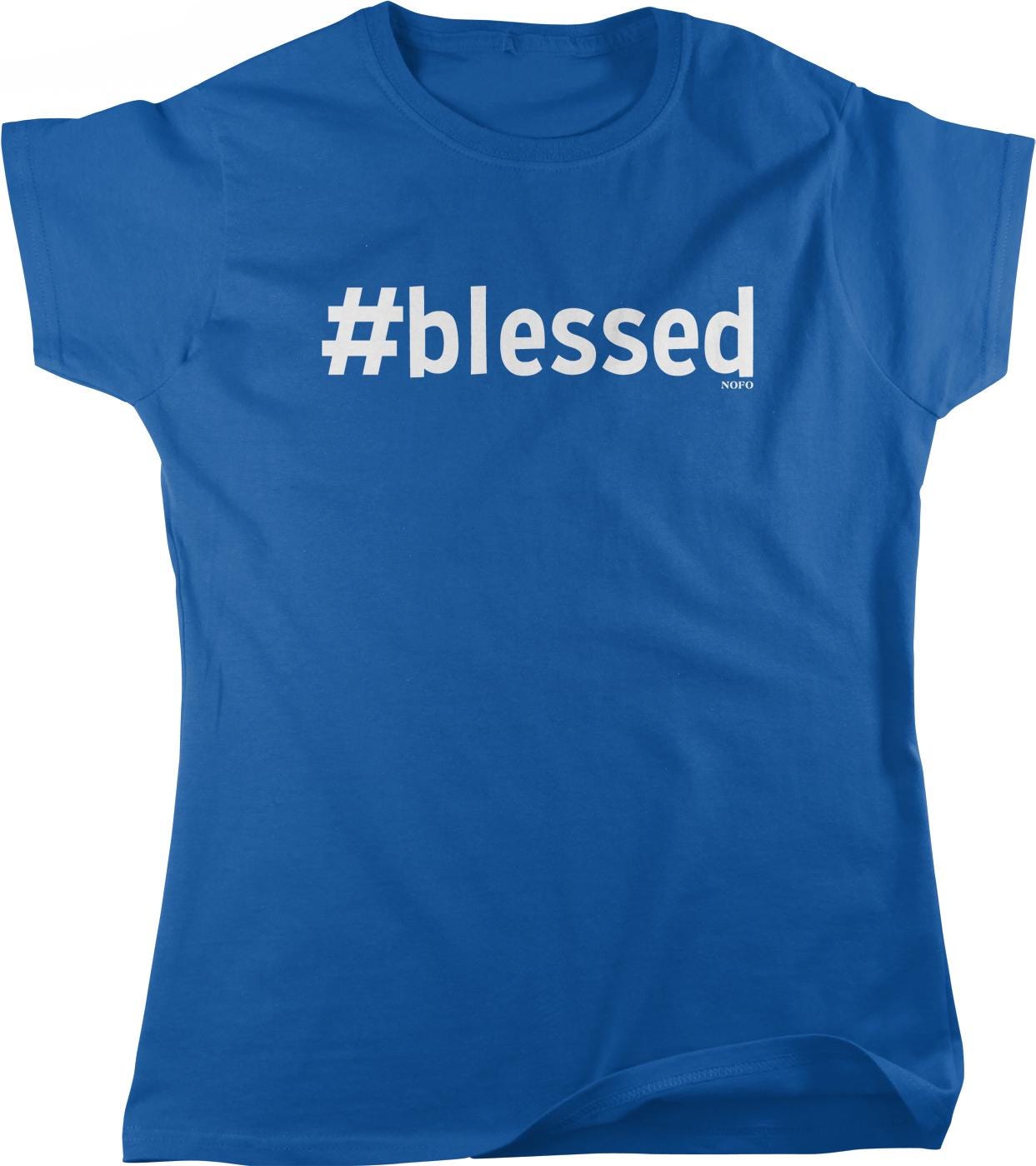 A blue t-shirt with the text "#blessed" printed on it.