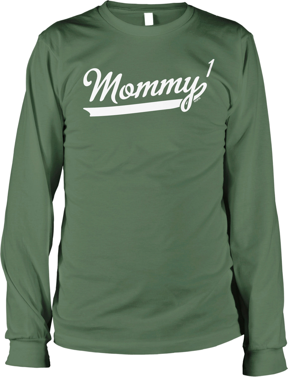 A green long-sleeved t-shirt with the text "Mommy!" printed on it in white lettering.