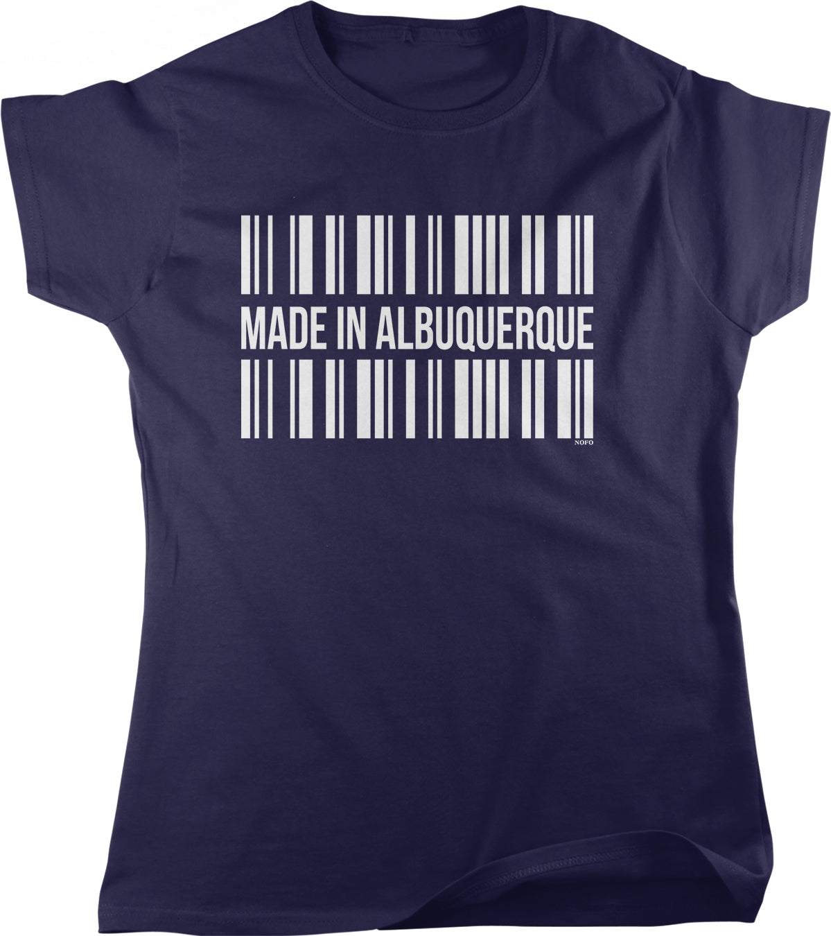The image is a navy blue t-shirt with a white text graphic that reads "MADE IN ALBUQUERQUE" and a barcode.