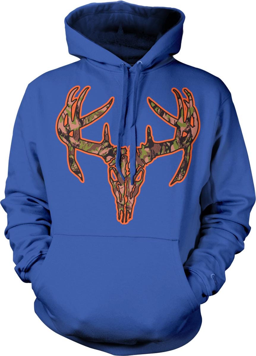 A blue hoodie with a camouflage deer skull design on the front.