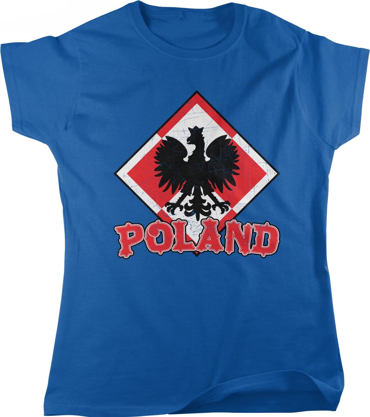 A blue t-shirt with a graphic design featuring a black bird with outstretched wings and the word "POLAND" written below it.