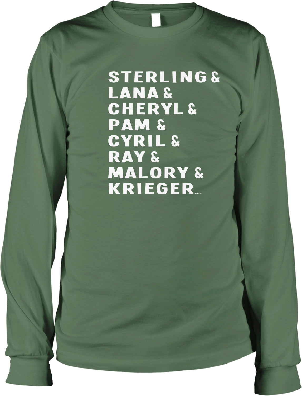 A green long-sleeved t-shirt with white text printed on it.