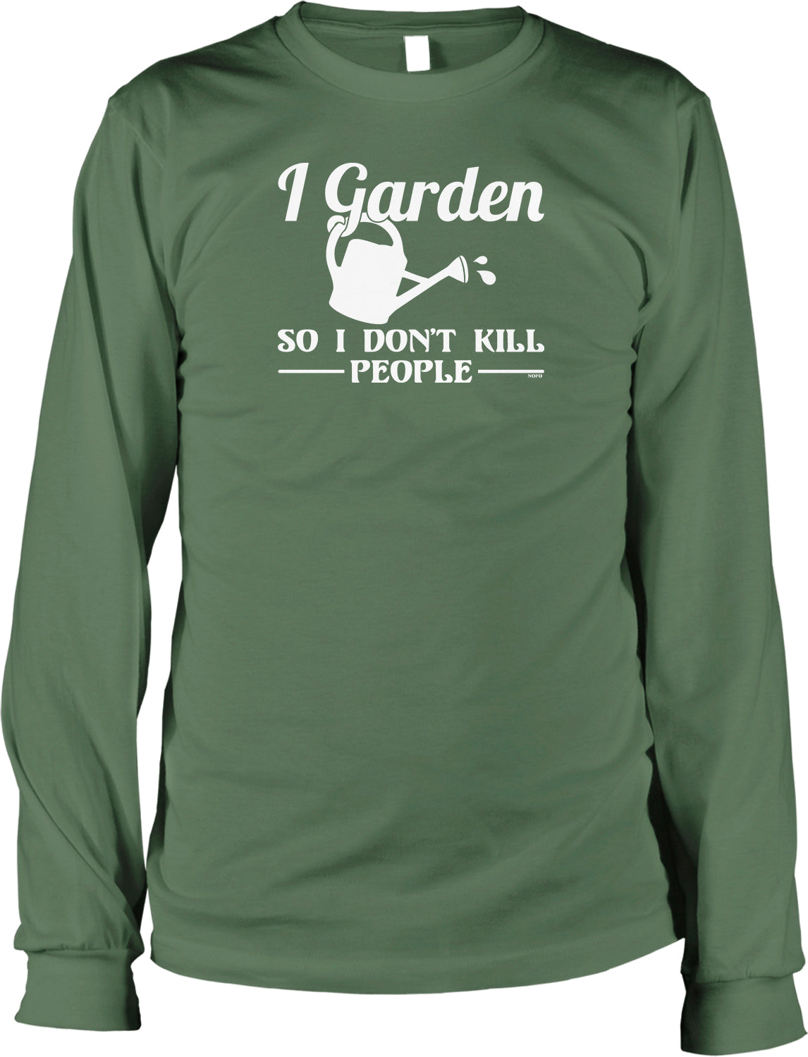 A green long-sleeved t-shirt with a white graphic design and text printed on it.