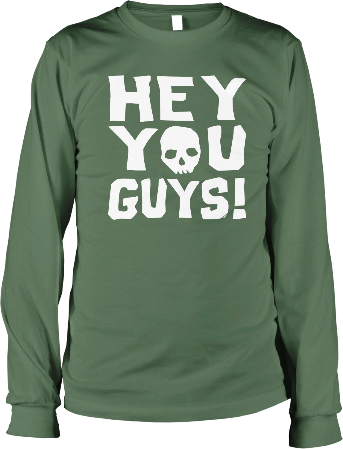 A green long-sleeved shirt with the text "HEY YOU GUYS!" printed on it.