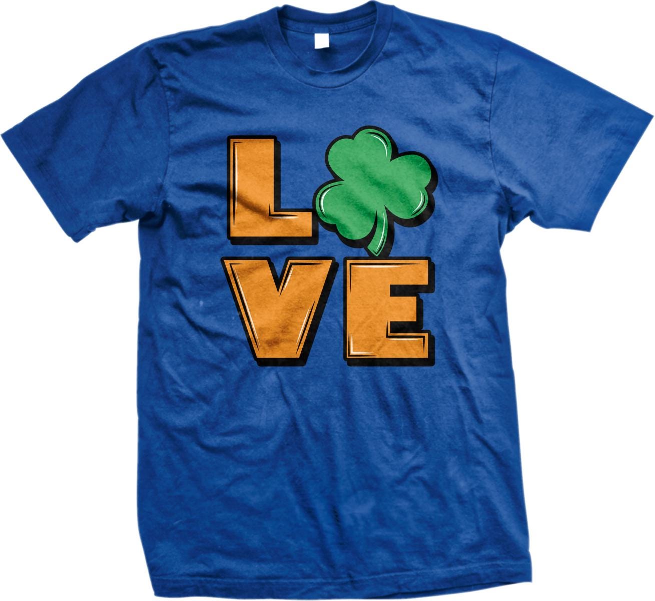 A blue t-shirt with the word "LOVE" and a cloverleaf graphic printed on it.