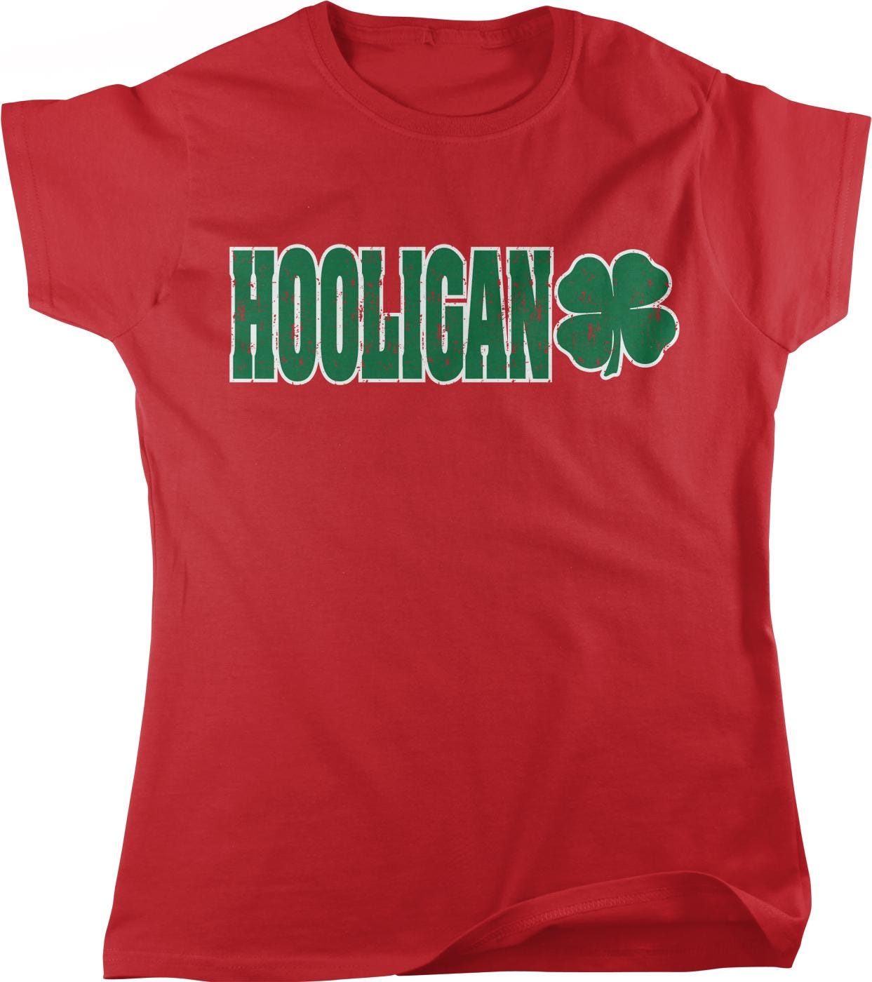 A red t-shirt with the word "Hooligan" printed on it, along with a four-leaf clover symbol.