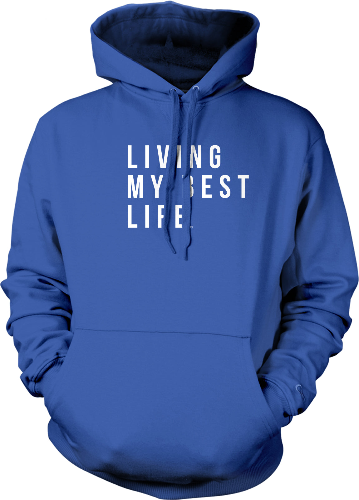 A blue hoodie with the text "LIVING MY BEST LIFE" printed on it.