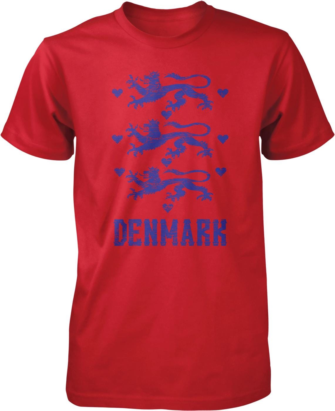 A red t-shirt with a graphic design featuring a blue lion and heart pattern, along with the word "DENMARK" written in blue letters.
