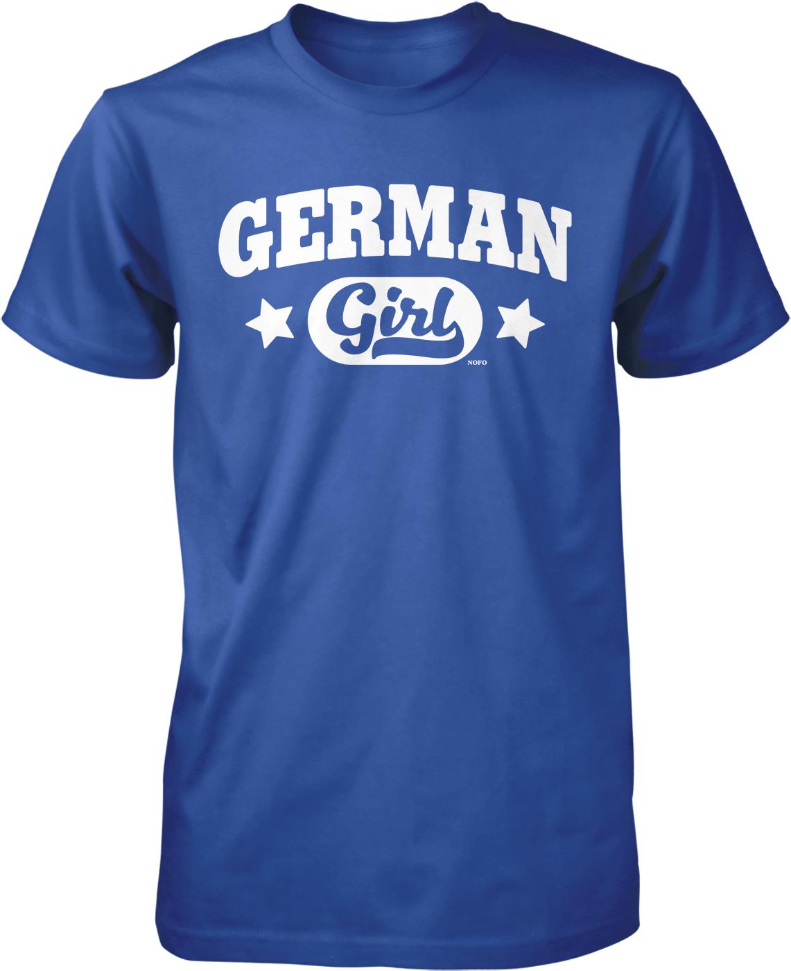 A blue t-shirt with the text "GERMAN Girl" printed on it.