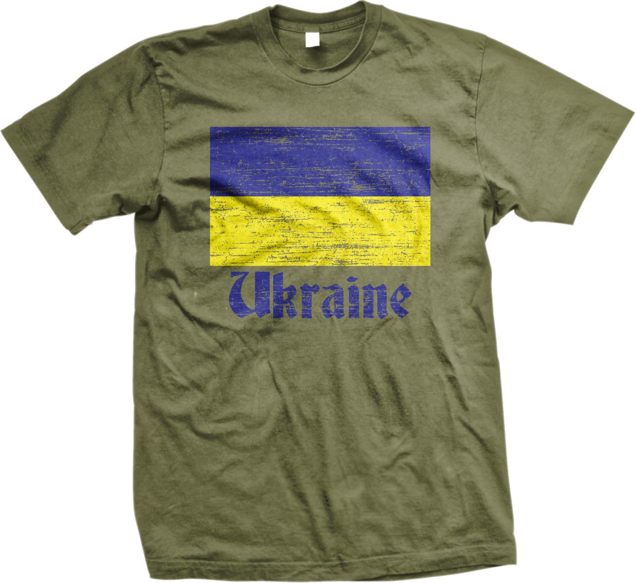 A green t-shirt with a graphic design featuring the flag of Ukraine and the word "Ukraine" printed on it.