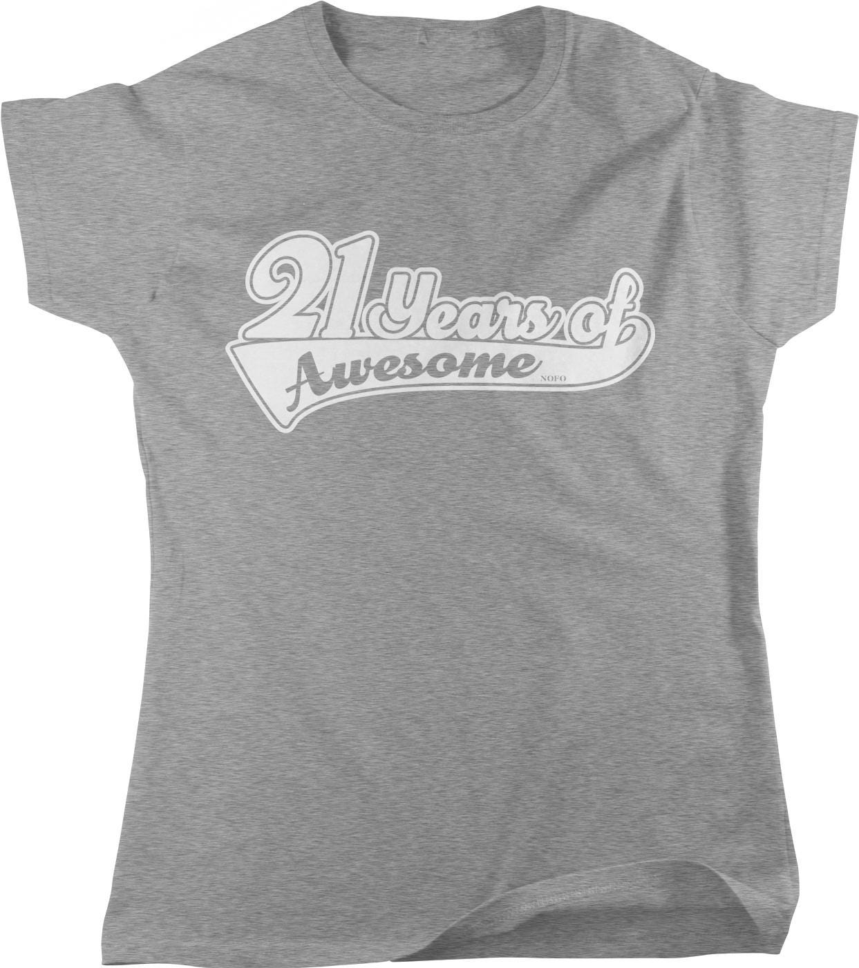 A gray t-shirt with the text "21 Years of Awesome" printed on it.