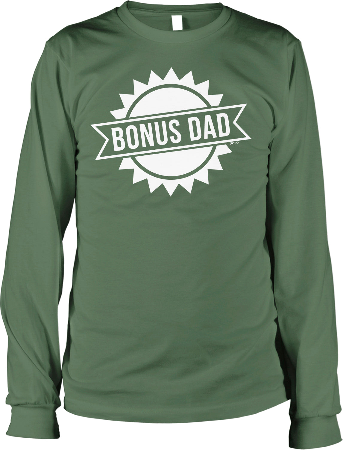 A long-sleeved green t-shirt with a white graphic design that says "BONUS DAD" on it.