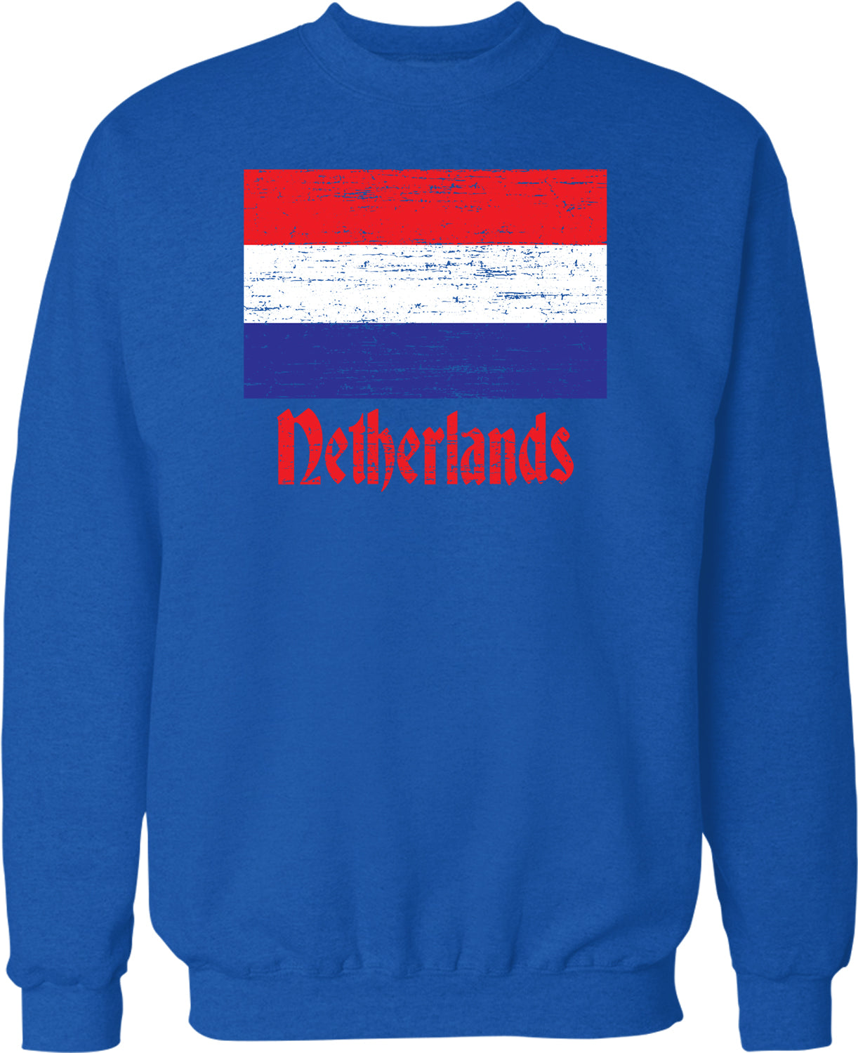 A blue sweatshirt with a graphic of the Netherlands flag and the text "Motherlands" printed on it.