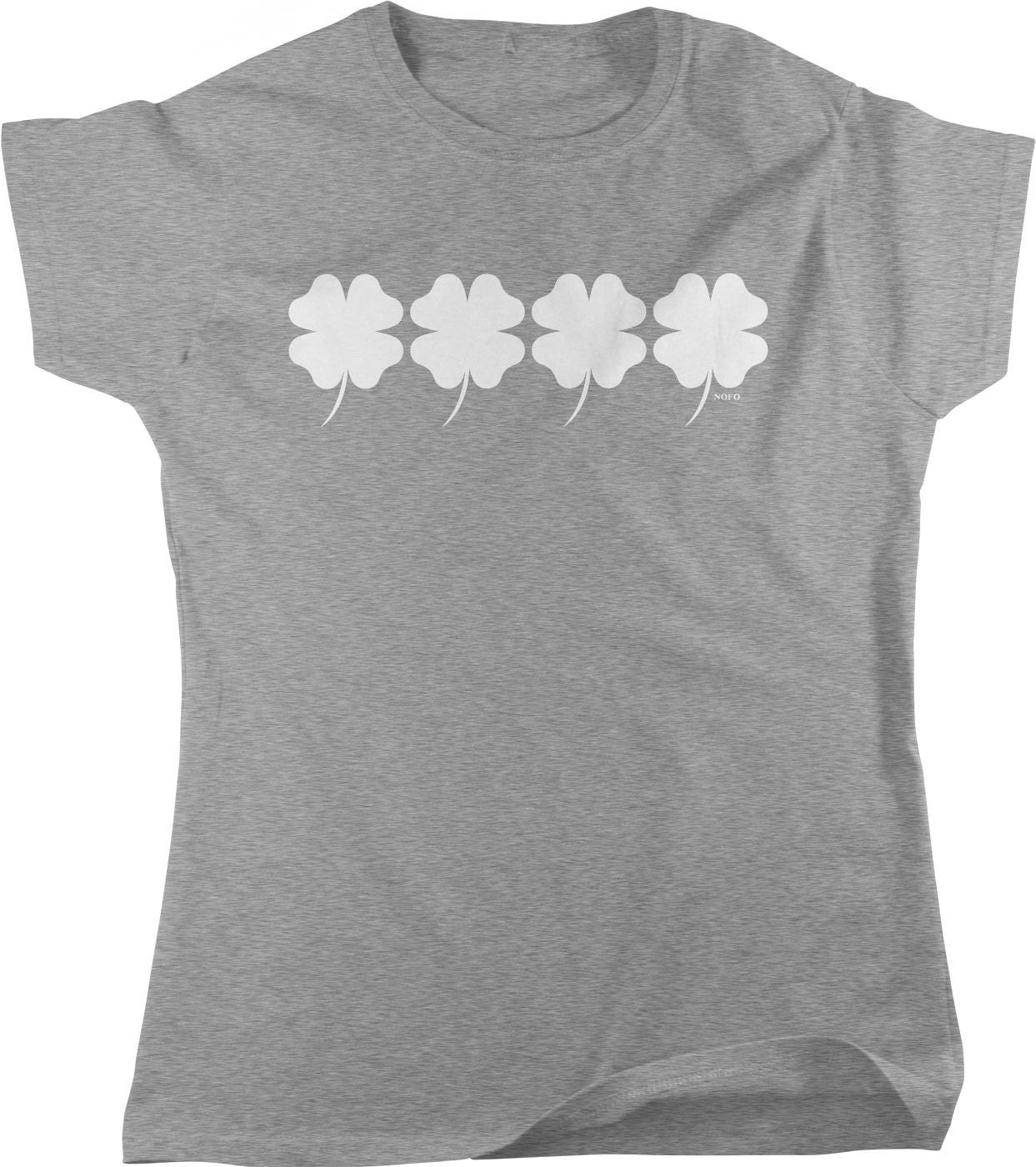 A gray t-shirt with a graphic design of four white four-leaf clovers arranged in a row.