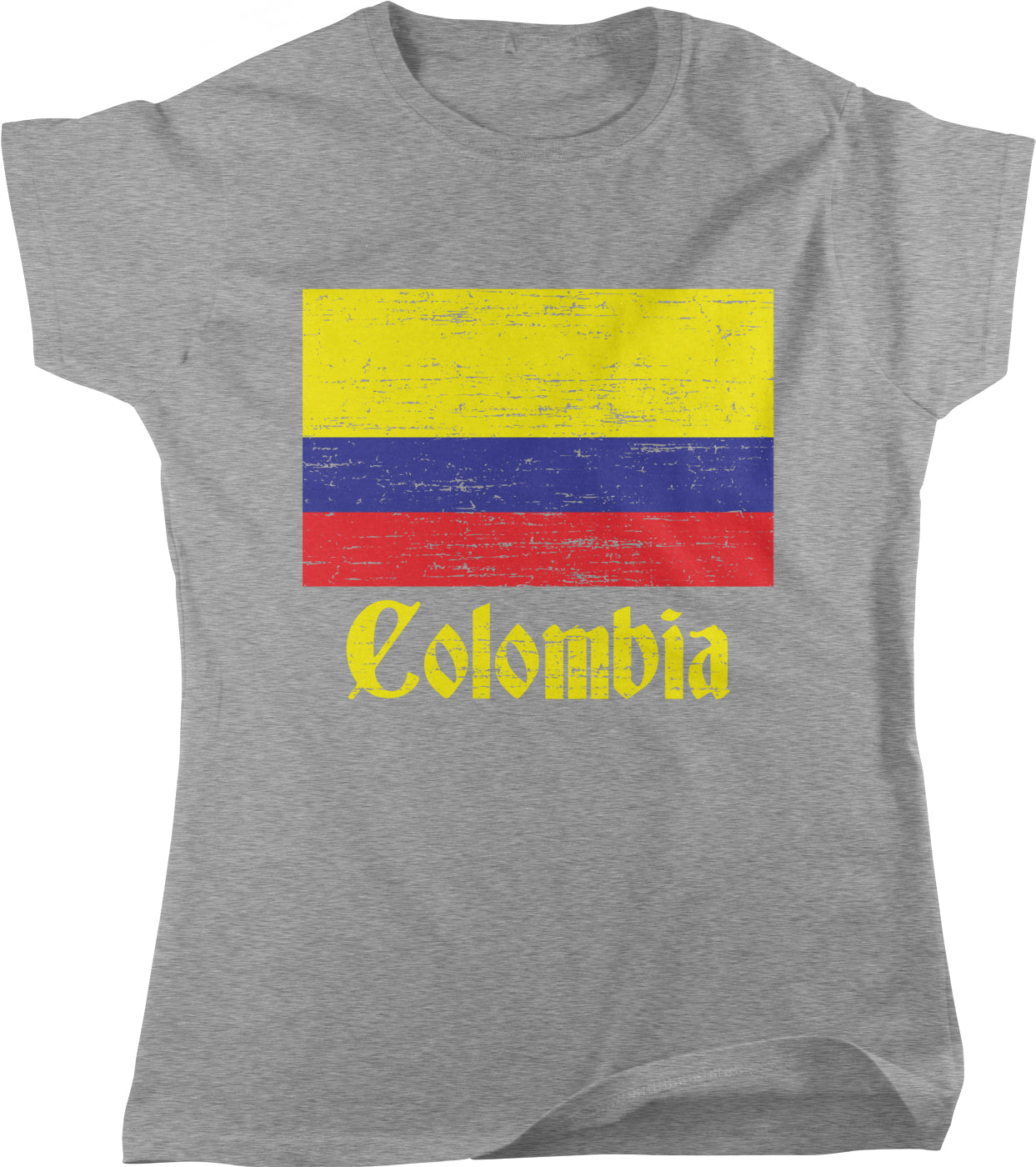 A gray t-shirt with a graphic design featuring the flag of Colombia and the word "Colombia" printed on it.