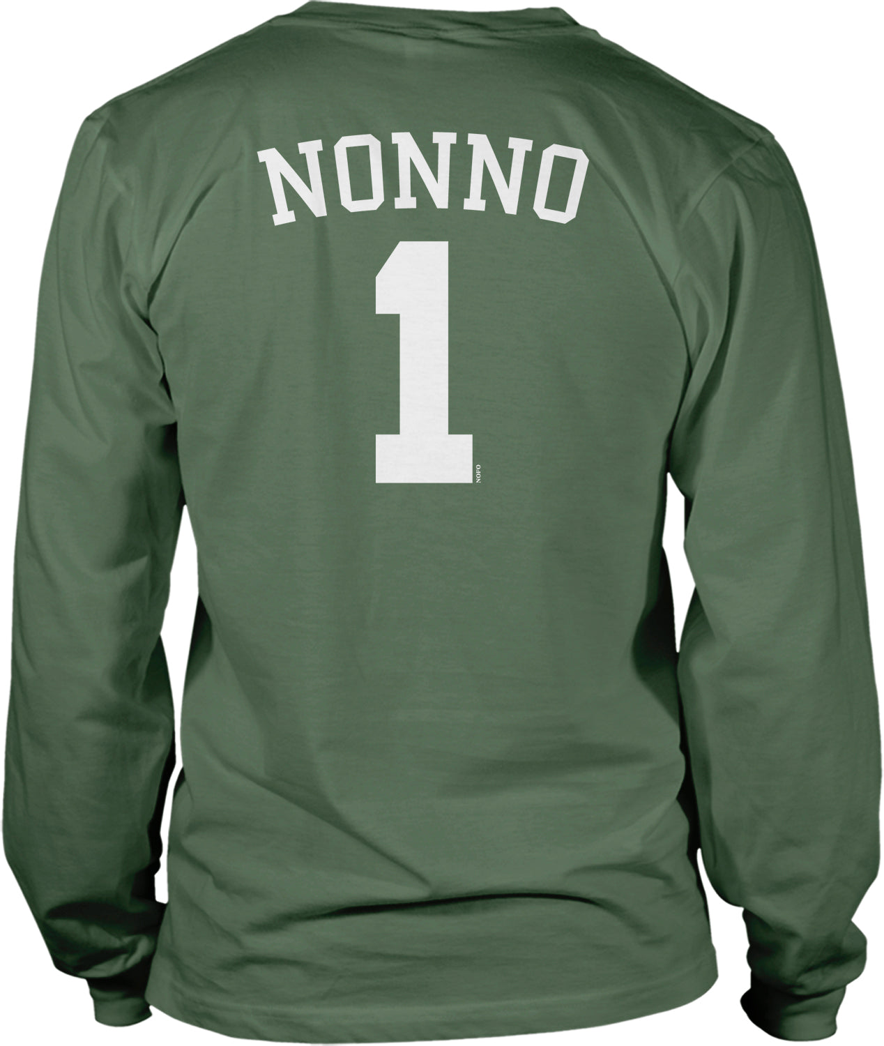 A green long-sleeved t-shirt with the name "NONNO" and the number "1" printed on the back.