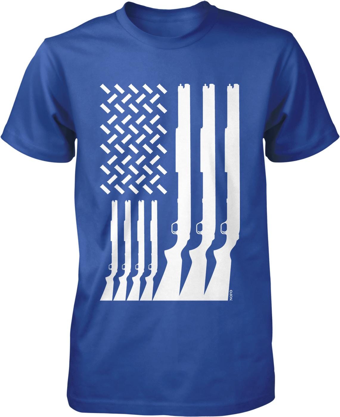 A blue t-shirt with a graphic design depicting a white American flag with a series of white rifles arranged in a diagonal line below it.