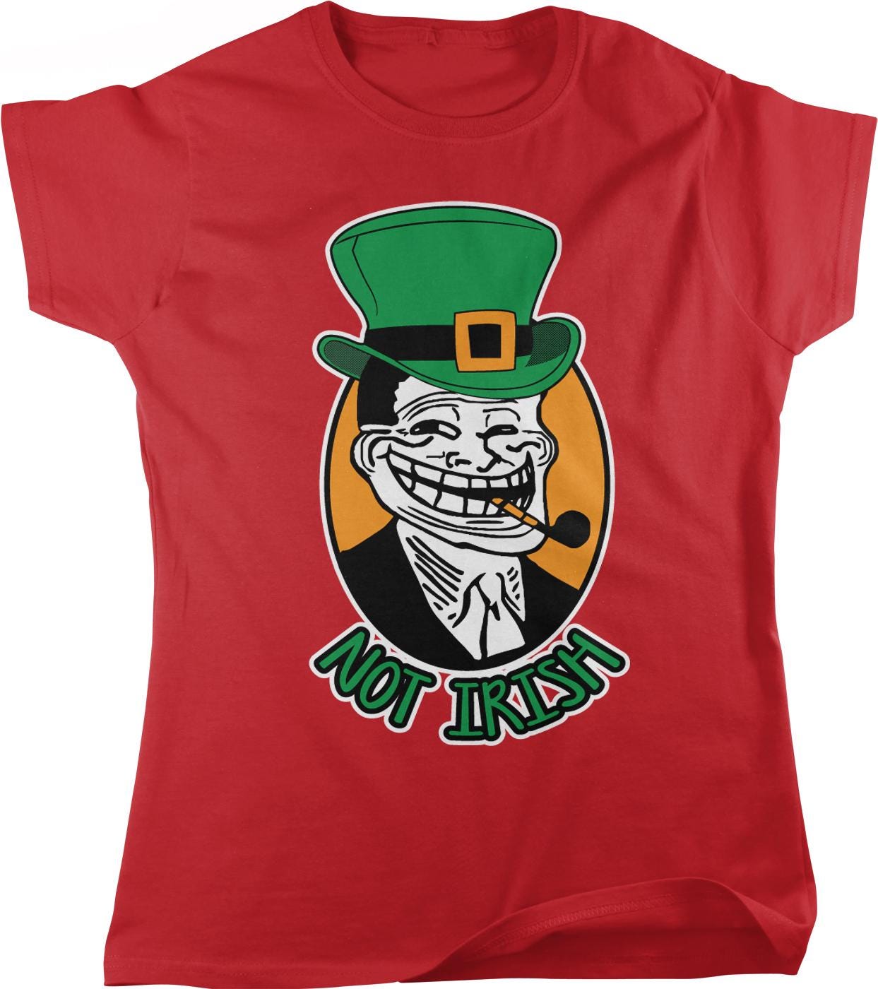 A red t-shirt with a graphic design depicting a smiling man wearing a green top hat and a pipe, with the text "NOT IRISH" below the image.
