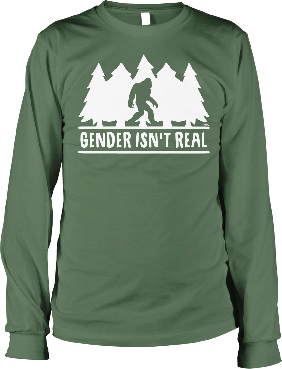 A green long-sleeved t-shirt with a graphic design featuring a silhouetted figure resembling a Sasquatch, along with the text "Gender isn't real" printed below it.