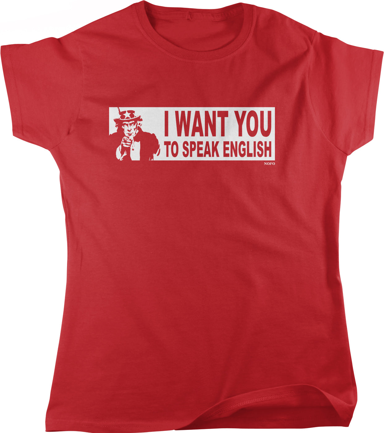 A red t-shirt with a white graphic design that says "I WANT YOU TO SPEAK ENGLISH" and features a character.