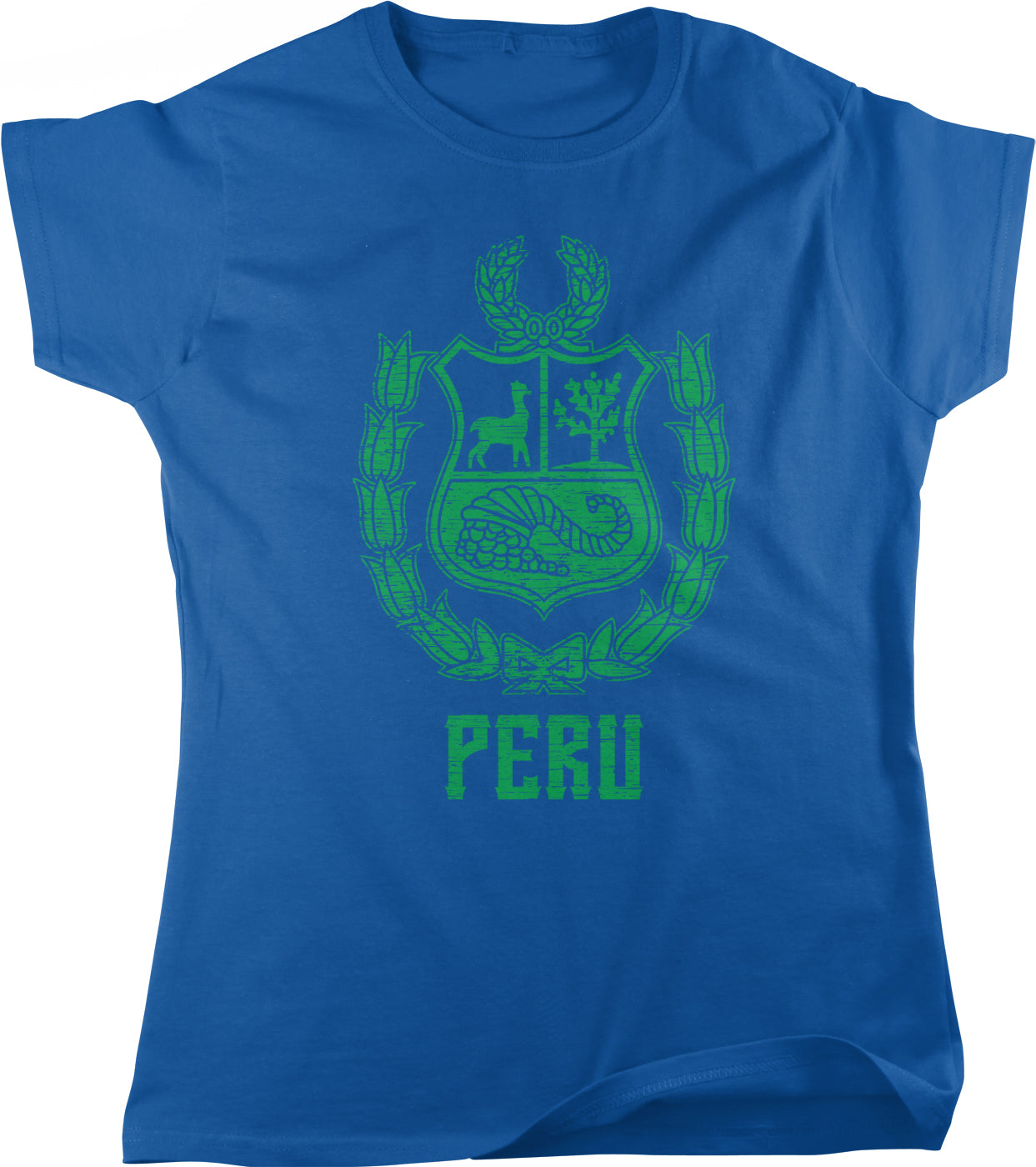 A blue t-shirt with a graphic design of the national coat of arms of Peru.