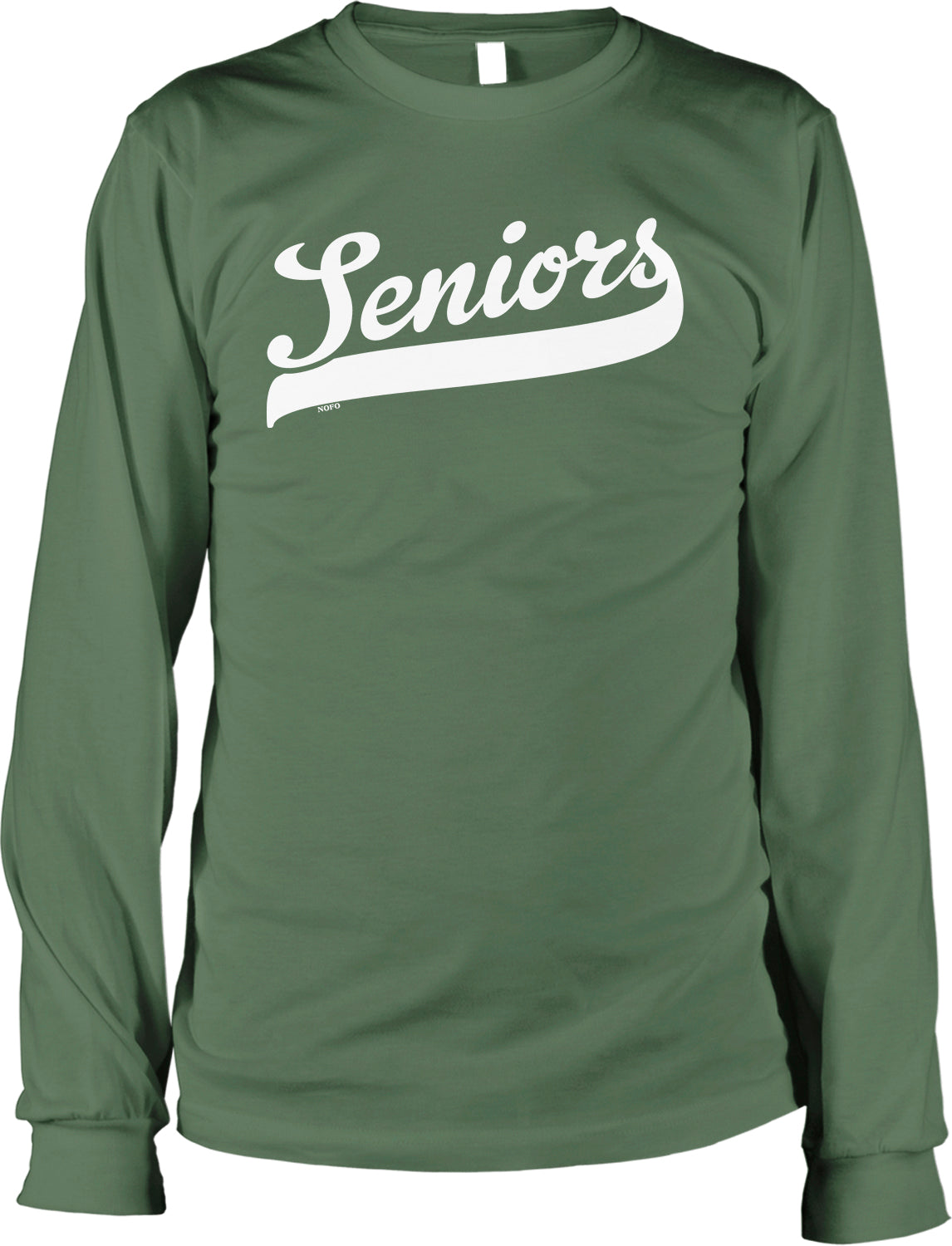 A long-sleeved green t-shirt with the word "Seniors" printed in white on it.