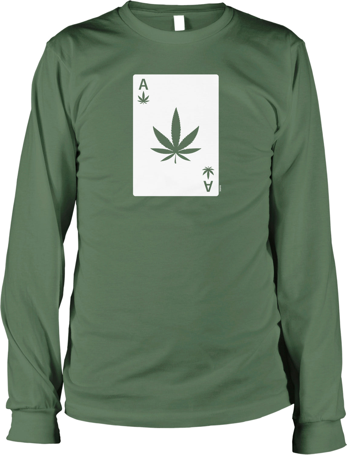 A long-sleeved green t-shirt with a graphic design featuring a marijuana leaf and the letter 'A' on it.