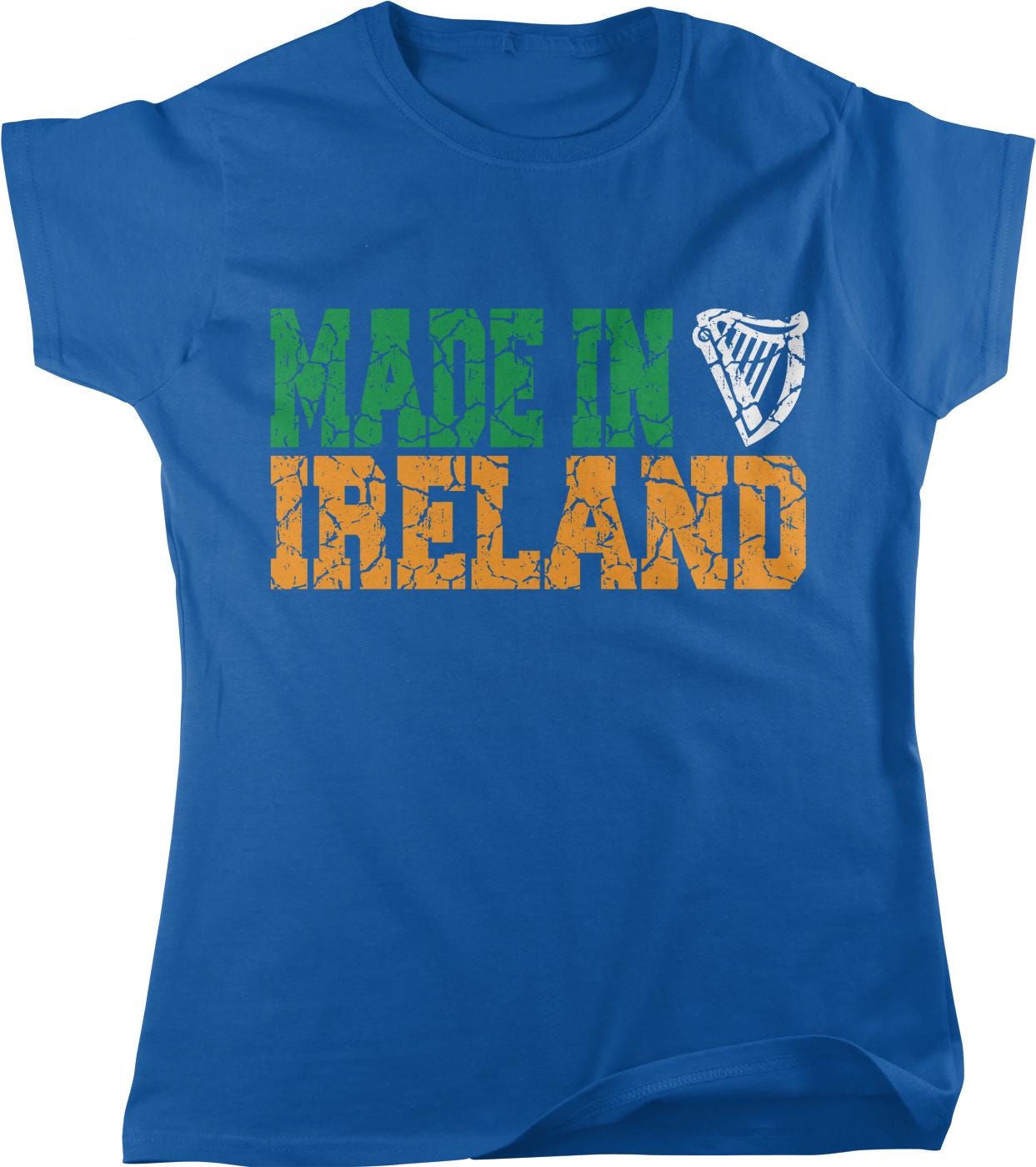 A blue t-shirt with the text "MADE IN IRELAND" printed on it.
