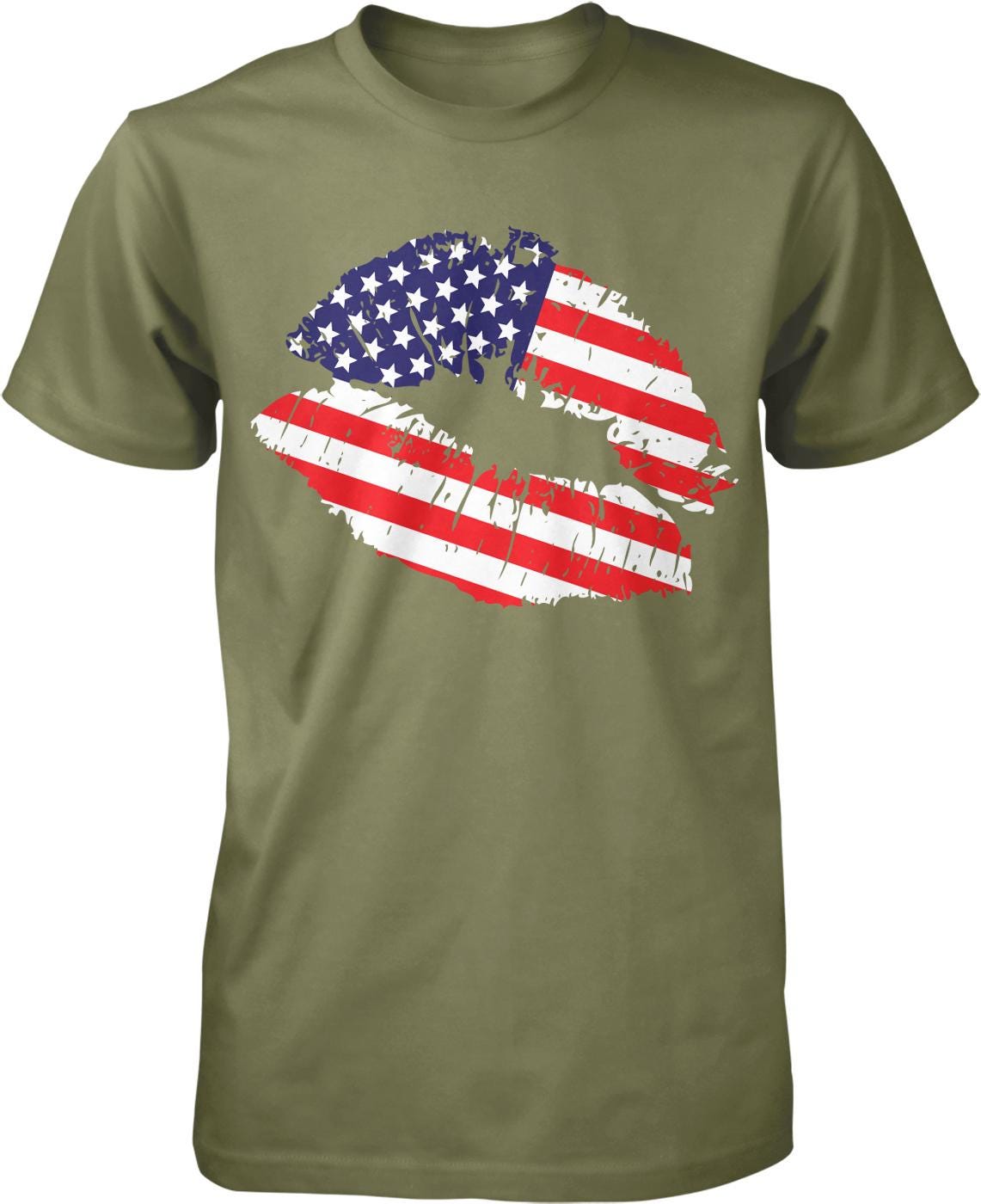 A green t-shirt with a graphic design depicting a pair of lips with the American flag pattern.