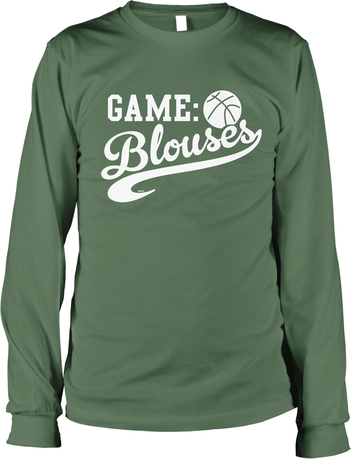 A green long-sleeved t-shirt with the text "GAME: Blouses" printed on it.
