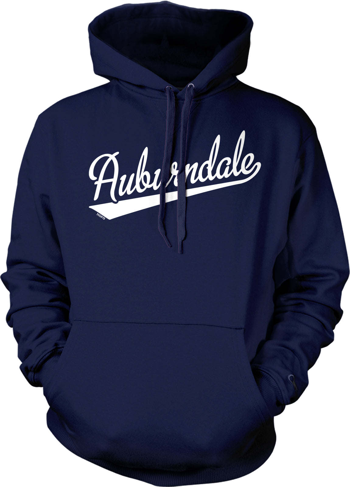 A navy blue hoodie with the text "Auburndale" printed on it in white lettering.
