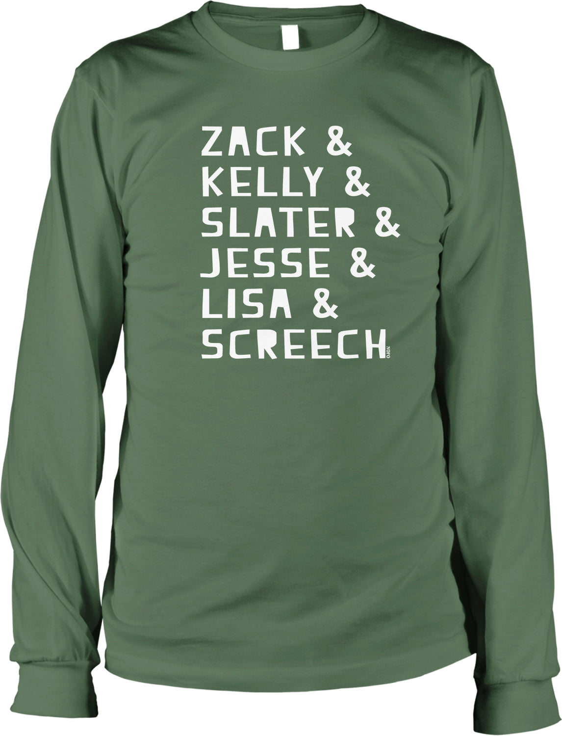 A green long-sleeved shirt with white text printed on it.