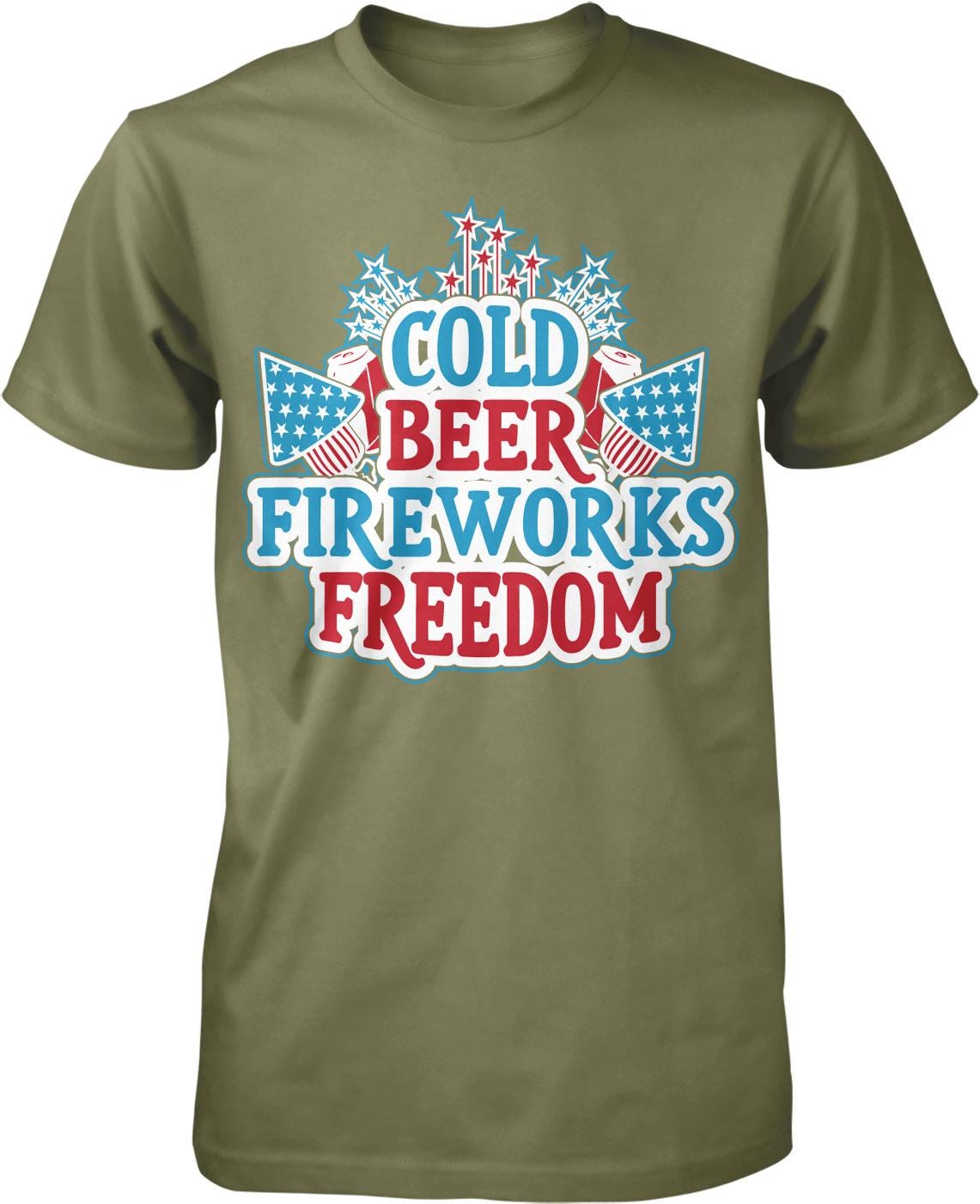 A green t-shirt with a graphic design featuring the text "COLD BEER FIREWORKS FREEDOM" surrounded by fireworks and stars.