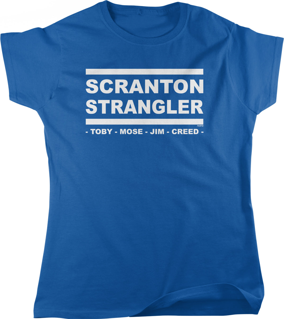 A blue t-shirt with white text that says "SCRANTON STRANGLE" and below it "TOBY - MOSE JIM - CREED".