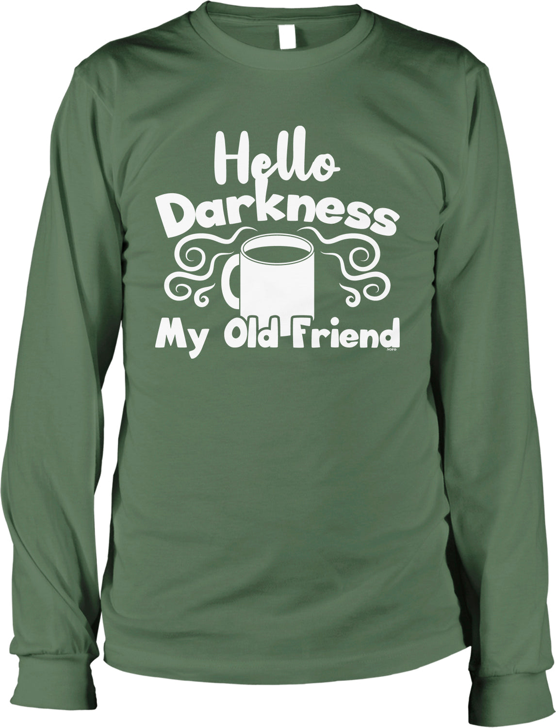 A green long-sleeved t-shirt with white text and a graphic design.