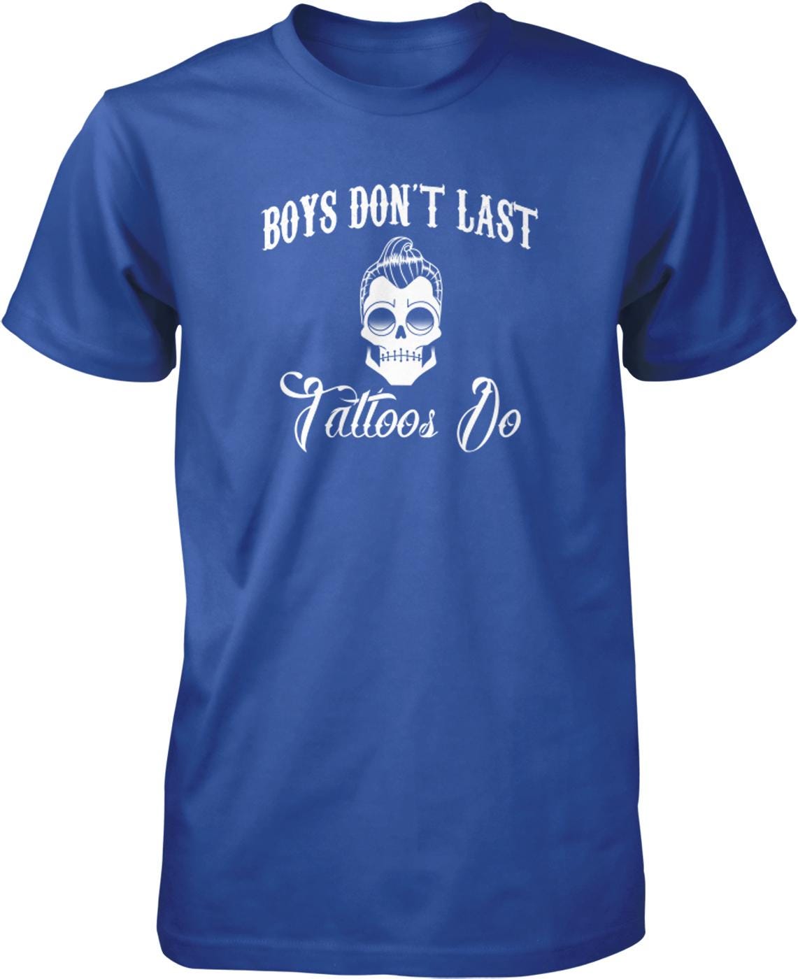 A blue t-shirt with white text and a skull graphic.