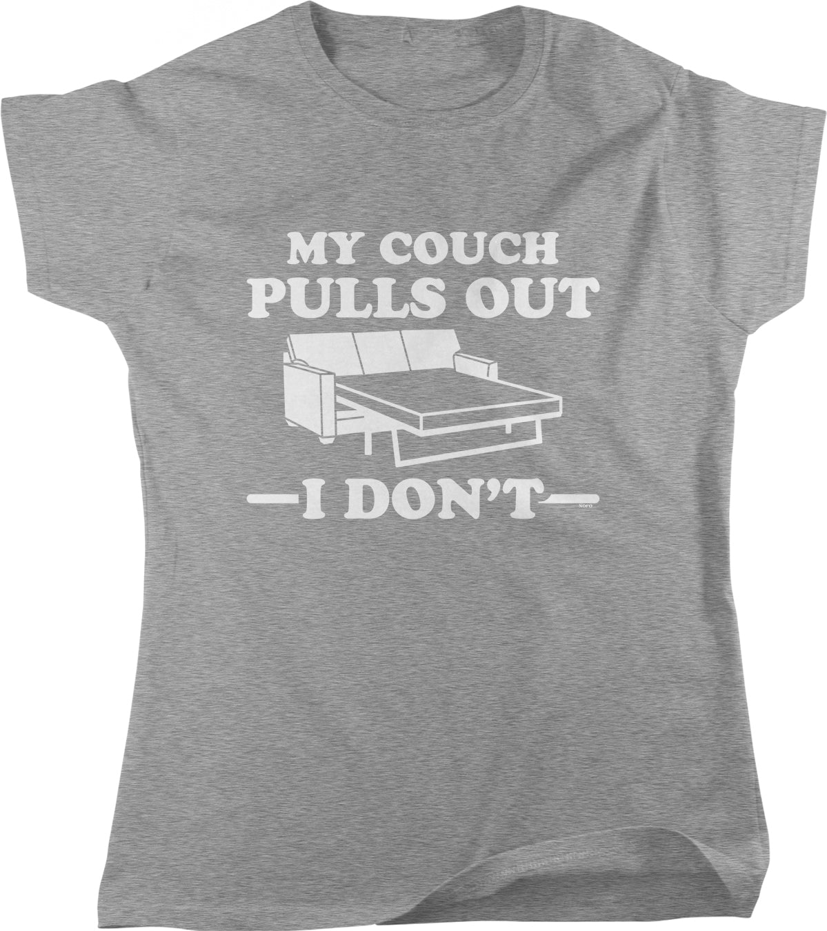 A gray t-shirt with a humorous text and graphic design.
