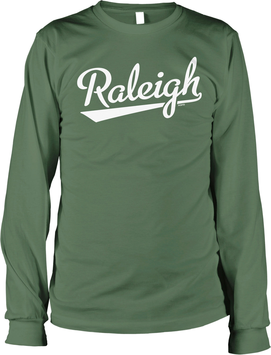 A green long-sleeved shirt with the word "Raleigh" printed in white text across the front.