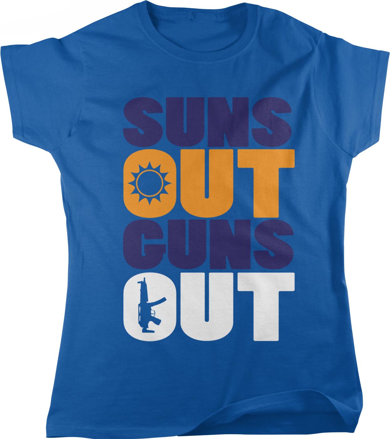 A blue t-shirt with the text "SUNS OUT GUNS OUT" printed on it.