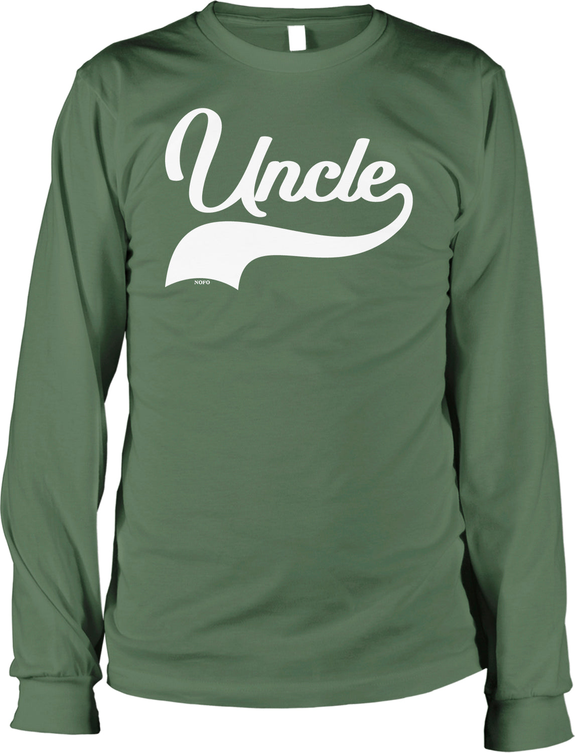 A long-sleeved green t-shirt with the word "Uncle" printed in white on it.