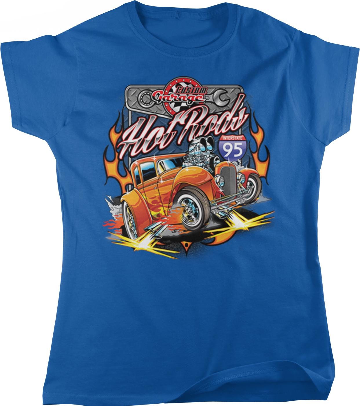 A blue t-shirt with a graphic design featuring a vintage orange car with flames, flames, and a racing engine.