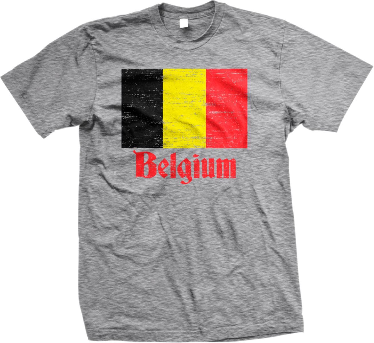 A gray t-shirt with a graphic design featuring the flag of Belgium.
