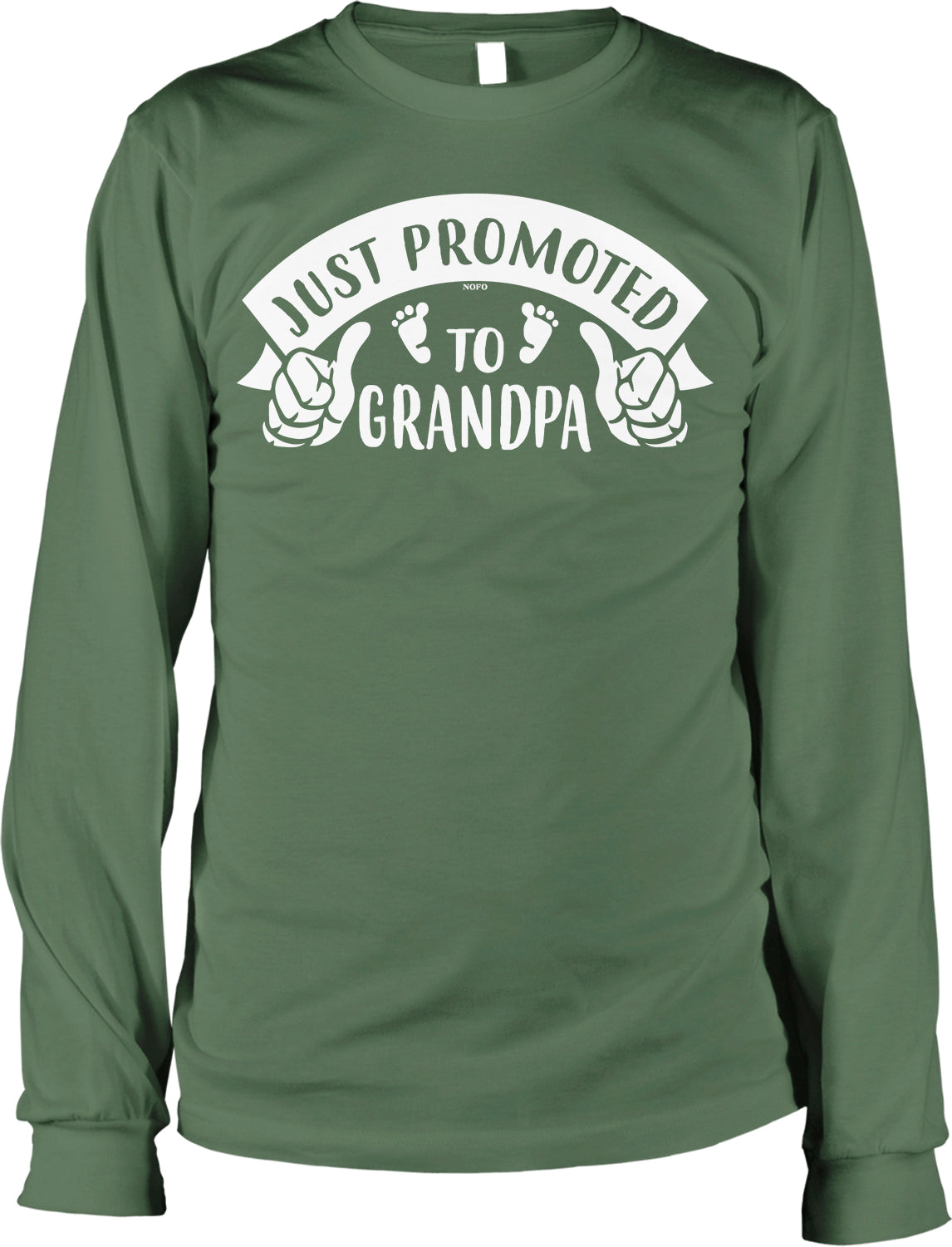A long-sleeved green t-shirt with white text that reads "Just Promoted to Grandpa".