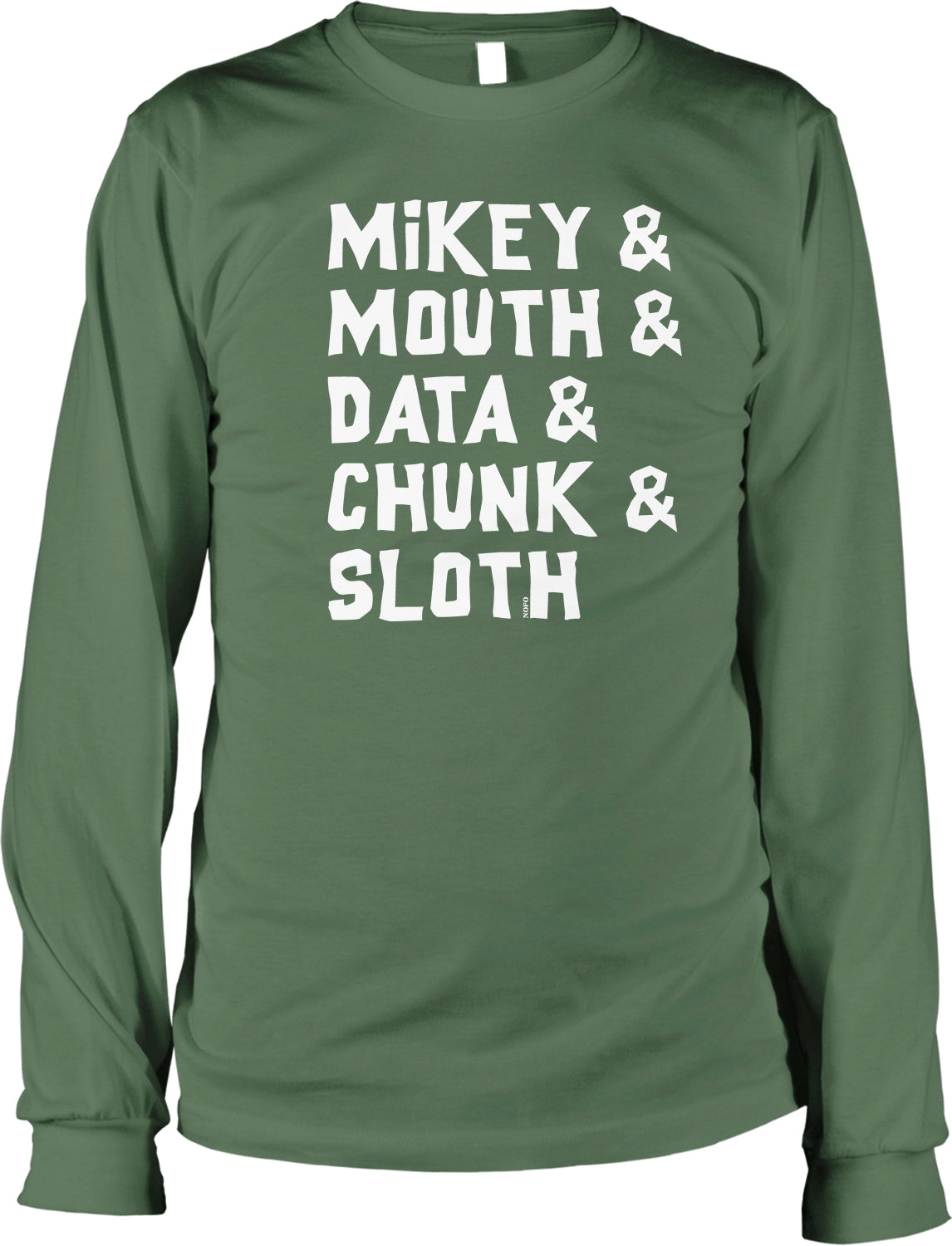 A green long-sleeved shirt with white text printed on it.