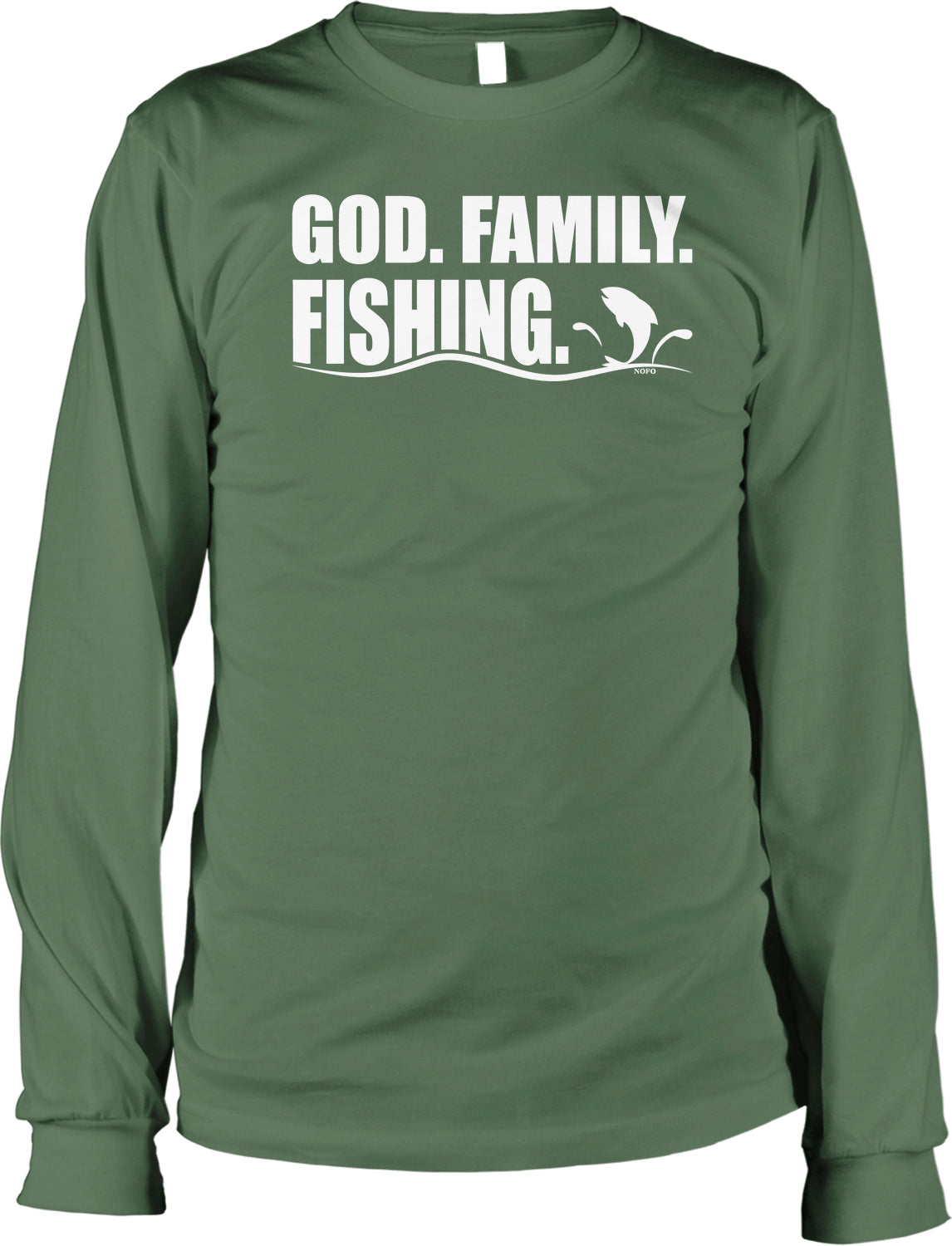 A green long-sleeved t-shirt with the text "GOD. FAMILY. FISHING." printed on it.